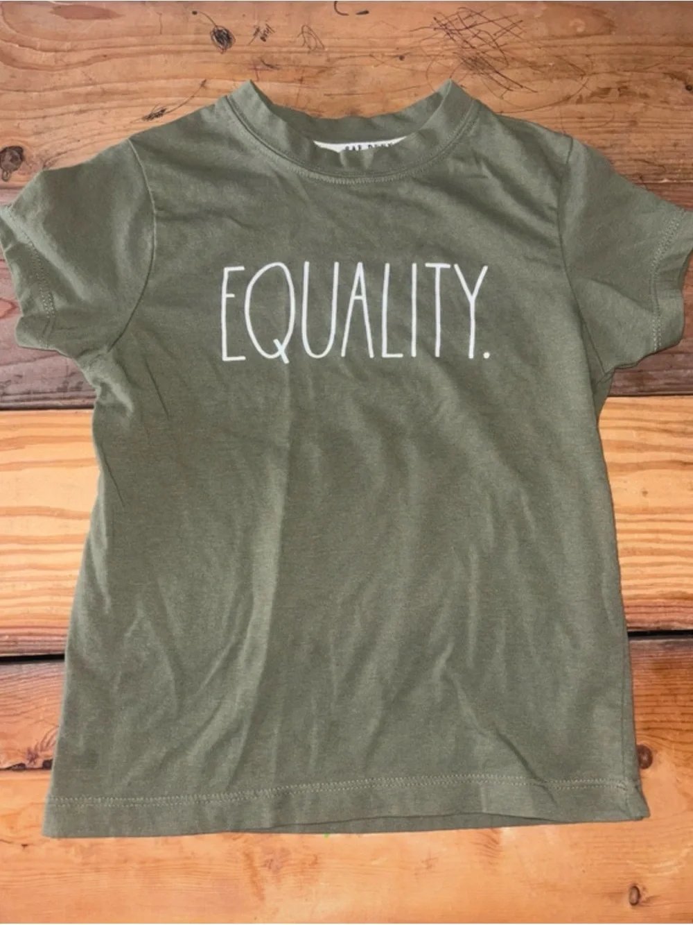 Rae Dunn Olive Green Kids Tee with WHITE 